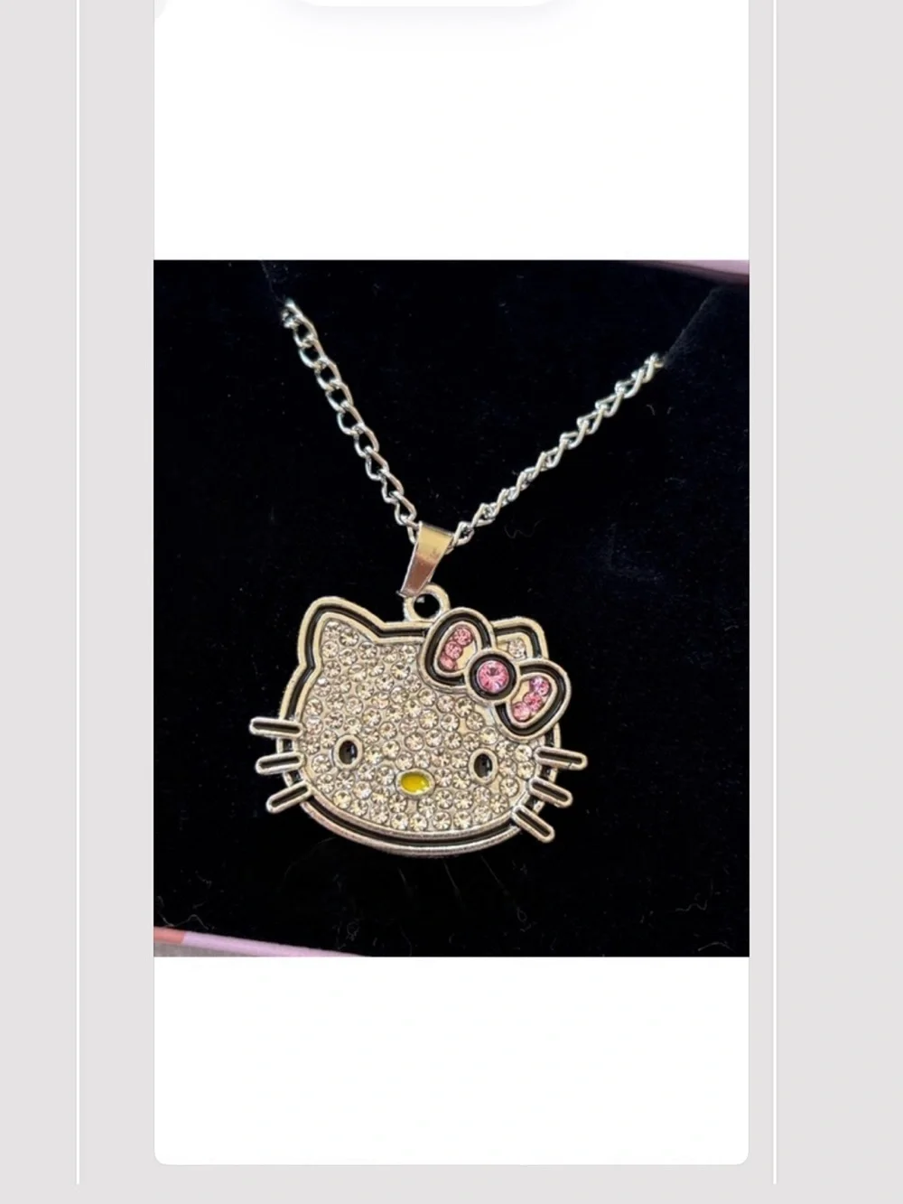 Hello Kitty Silver Tone Chain Cubic Zirconia Crystal Pendant Necklace with Box